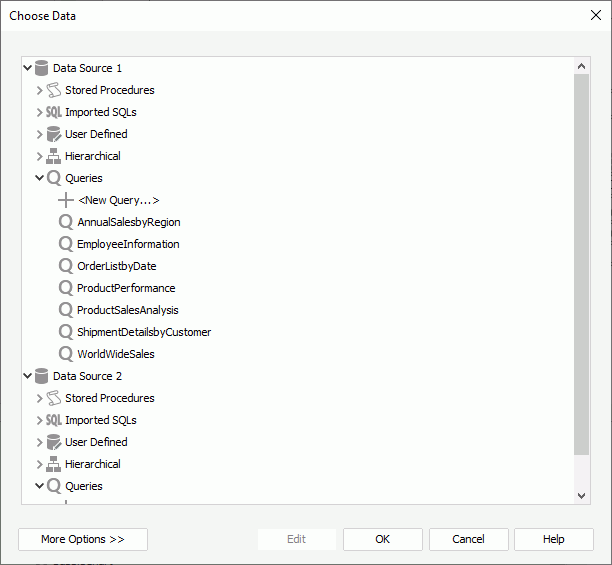 Choose Data dialolg box - for choosing query resources